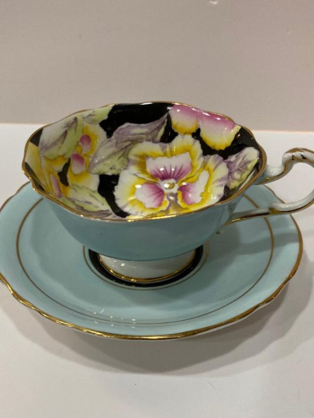 Rare Paragon Bone China Tea Cup Saucer Black Blue Pansy Double Warrant